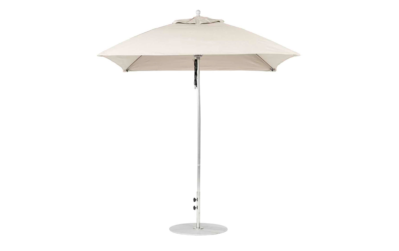The Ledge Lounger Essential Fiberglass Umbrella, a 7.5 square pulley model in beige, features marine-grade fabrics with a sleek metal pole and round base, standing against a white background. Its modern design enhances any patio setting.