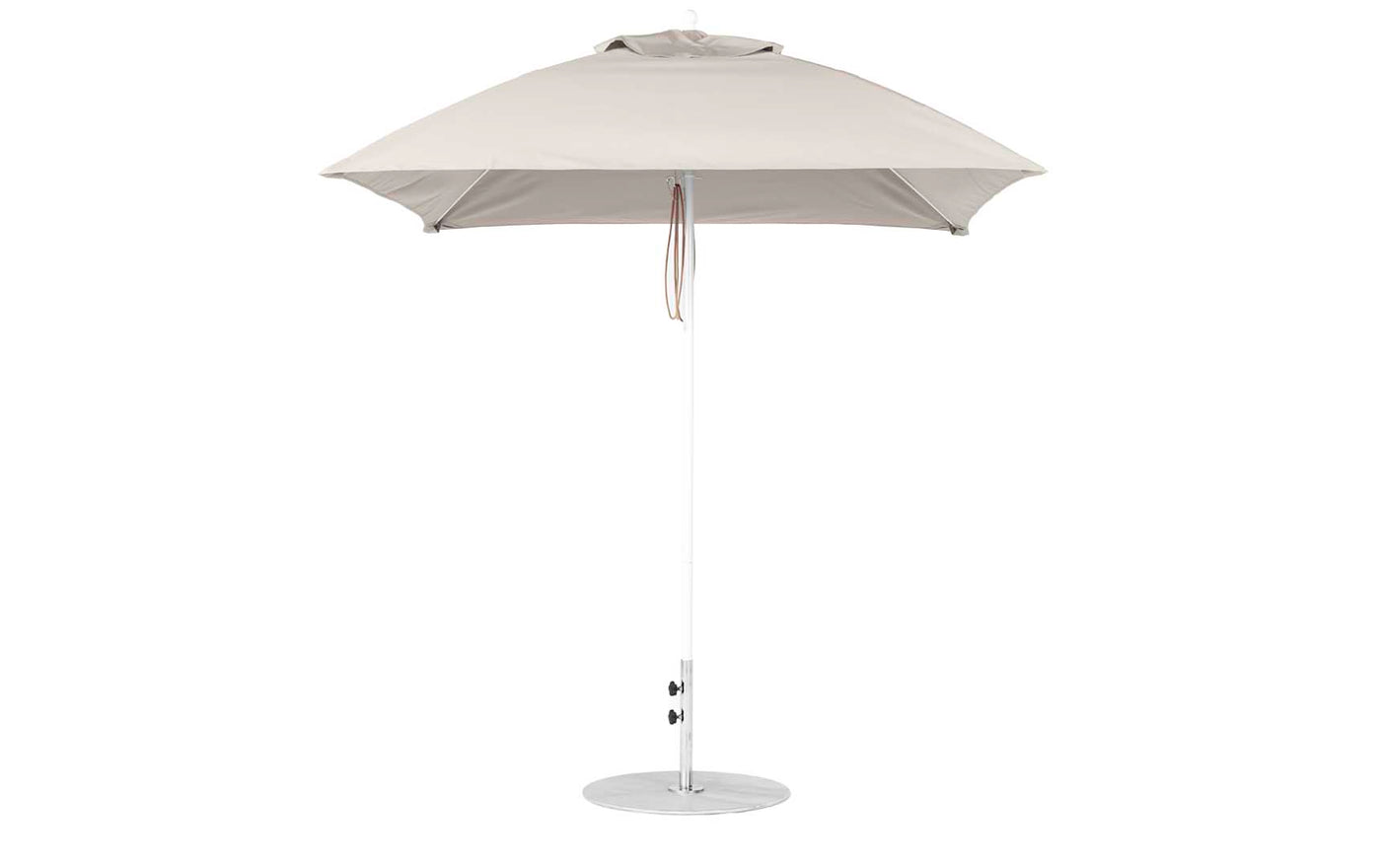 The Ledge Lounger Essential Fiberglass Umbrella - 7.5 features a round canopy crafted from marine-grade fabrics on a sleek metal pole with a circular base, equipped with a tie strap, and is showcased against a plain white background, emphasizing its durability akin to fiberglass umbrellas.