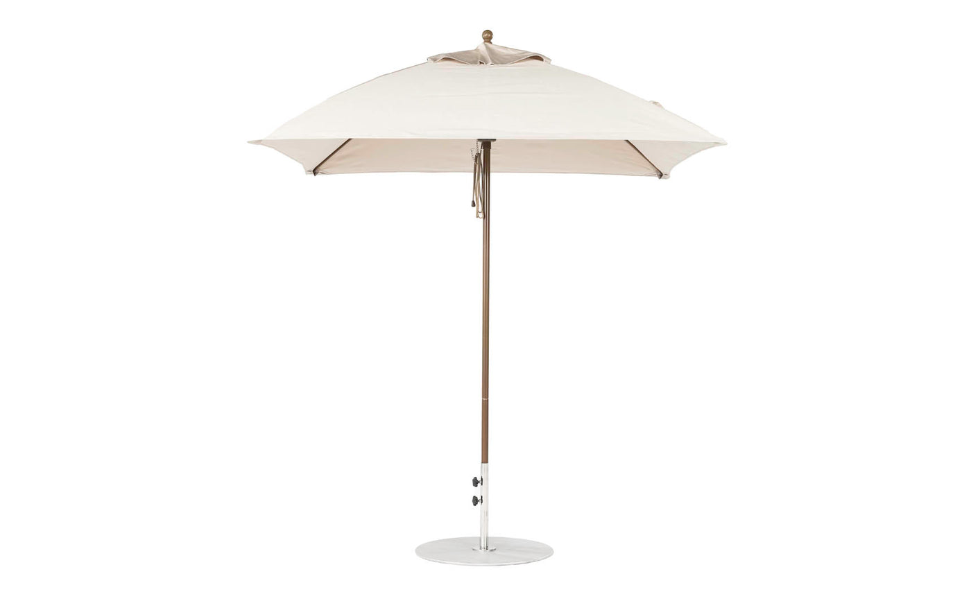 The Essential Fiberglass Umbrella by Ledge Lounger is a 7.5 square beige outdoor umbrella with a durable wooden pole and marine-grade fabrics, resting on a circular metal base, shown against a plain white background to emphasize style and durability.