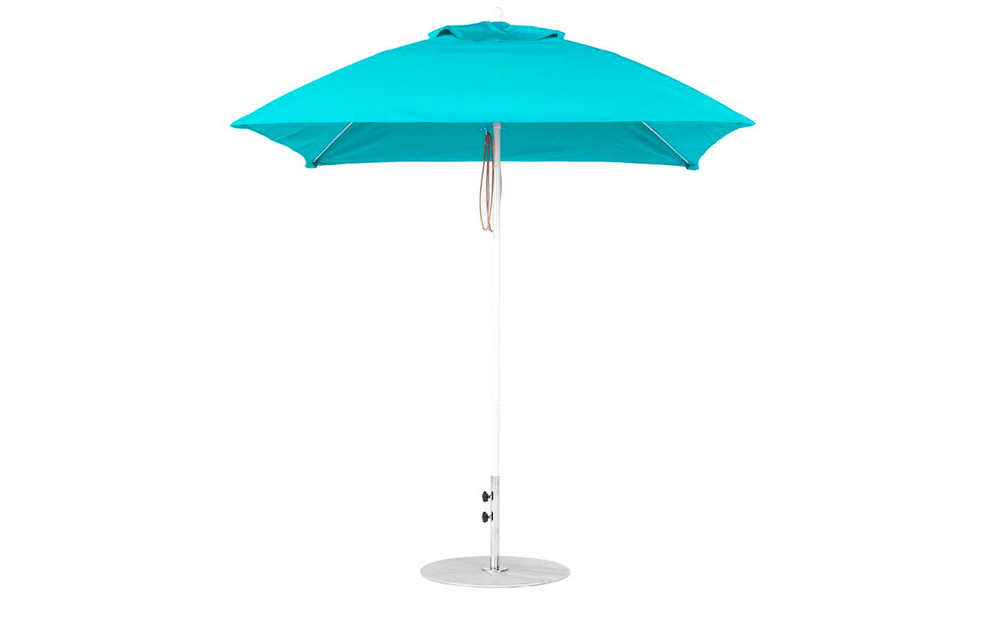 The 7.5 Square Pulley Essential Fiberglass Umbrella by Ledge Lounger boasts a turquoise, open canopy of marine-grade fabric, a silver pole with a round base, and adjustable height for versatile in-pool and on-deck use.