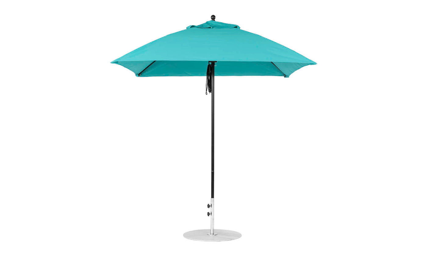 The Ledge Lounger Essential Fiberglass Umbrella features a 7.5 square canopy in turquoise with a metal base and straight pole. Its open design reveals an eight-rib support structure, crafted with marine-grade fabrics for ultimate durability.