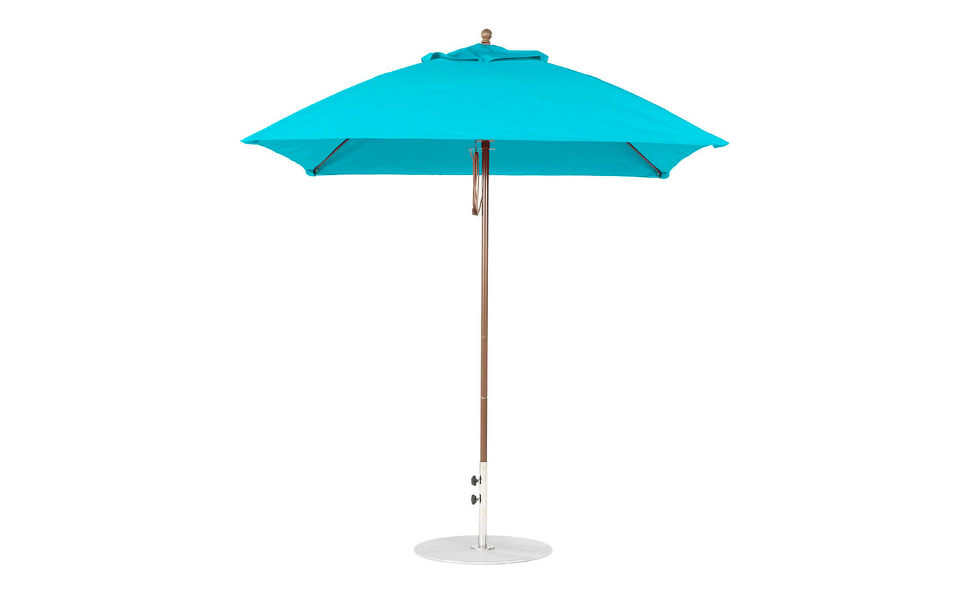 A fully open blue Ledge Lounger Essential Fiberglass Umbrella, with a 7.5 square pulley design, wooden pole, and white metal base, crafted from marine-grade fabrics featuring a classic finial on top, stands against a plain white background.