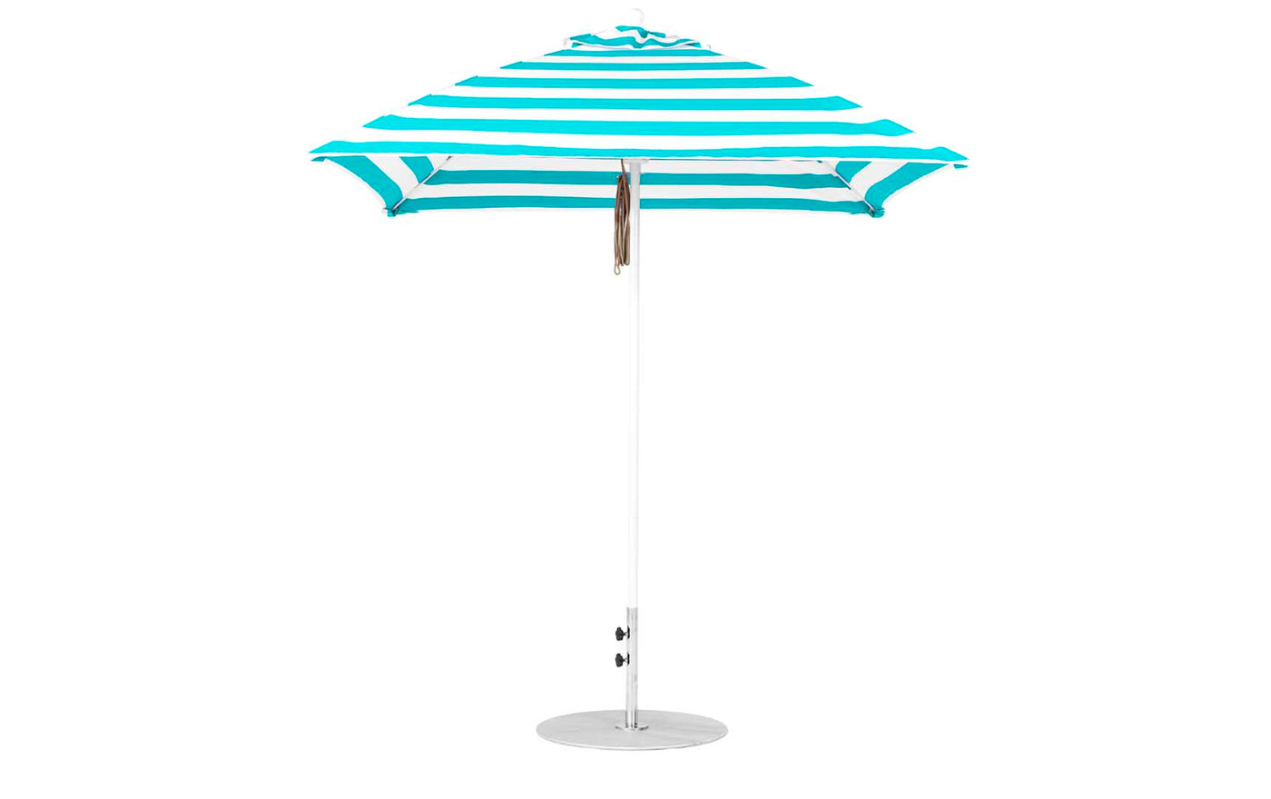 The Ledge Lounger Essential Fiberglass Umbrella features a blue and white stripe, marine-grade fabric, a pointed top with a straight metal pole, and stands securely on a round metallic base.