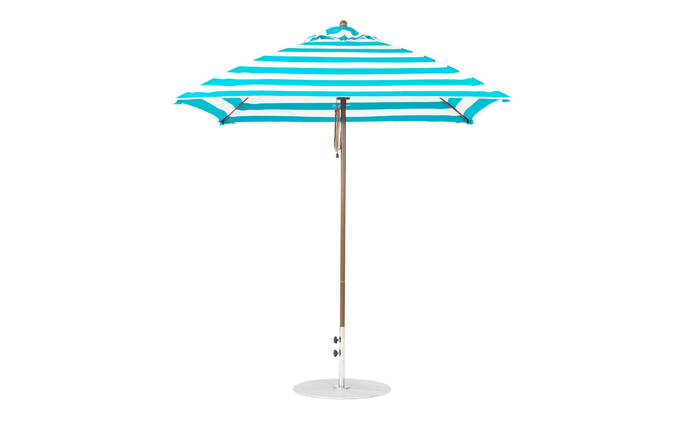 The Ledge Lounger Essential Fiberglass Umbrella - 7.5 Square Pulley features a turquoise and white striped design, a wooden pole with a round base, and is made from durable marine-grade fabrics.