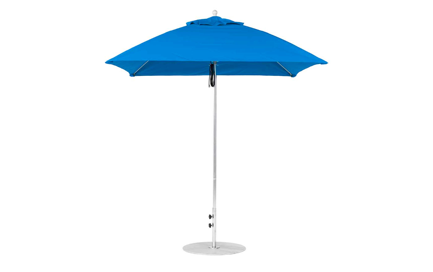 The Ledge Lounger Essential Fiberglass Umbrella - 7.5 Square Pulley has marine-grade fabric, a silver metal pole, and a flat circular base, ensuring durability in harsh conditions.