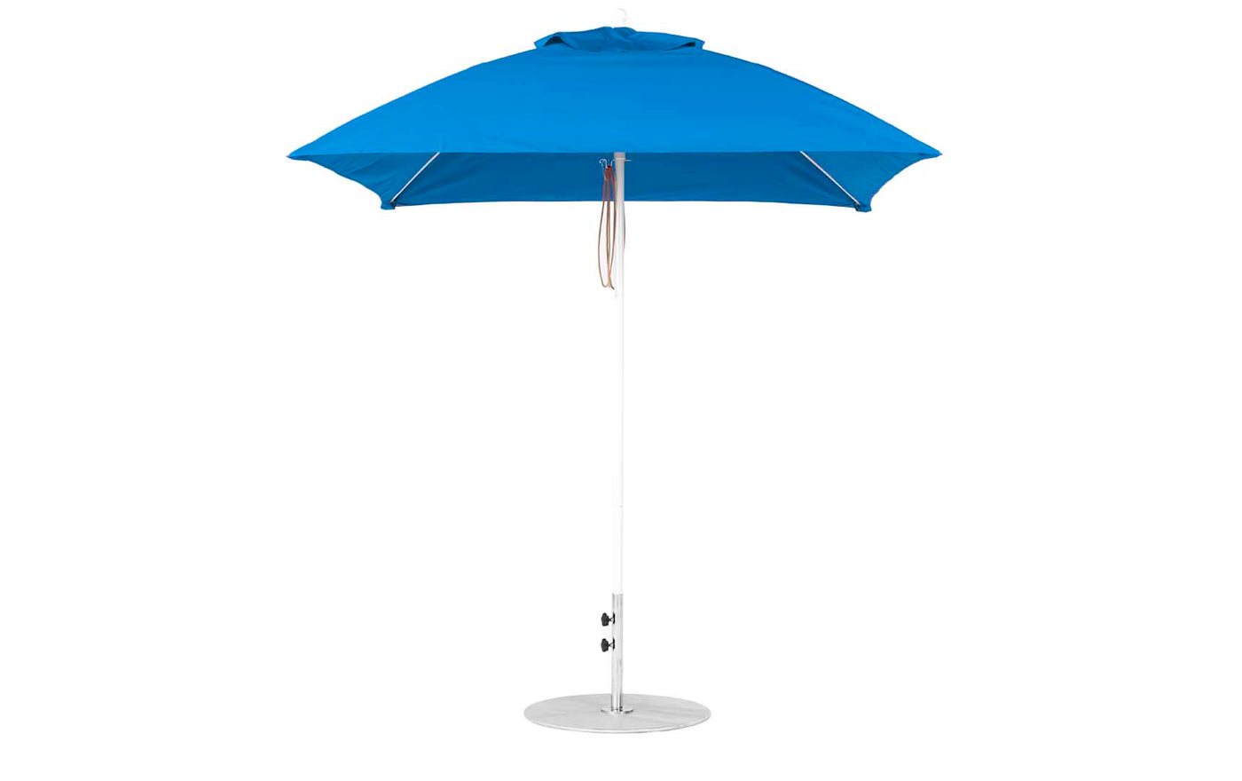 The Ledge Lounger Essential Fiberglass Umbrella features a sleek metal pole, round base, and durable marine-grade fabrics. This blue 7.5 square pulley design is simple yet elegant, providing ample shade for gardens or patios.
