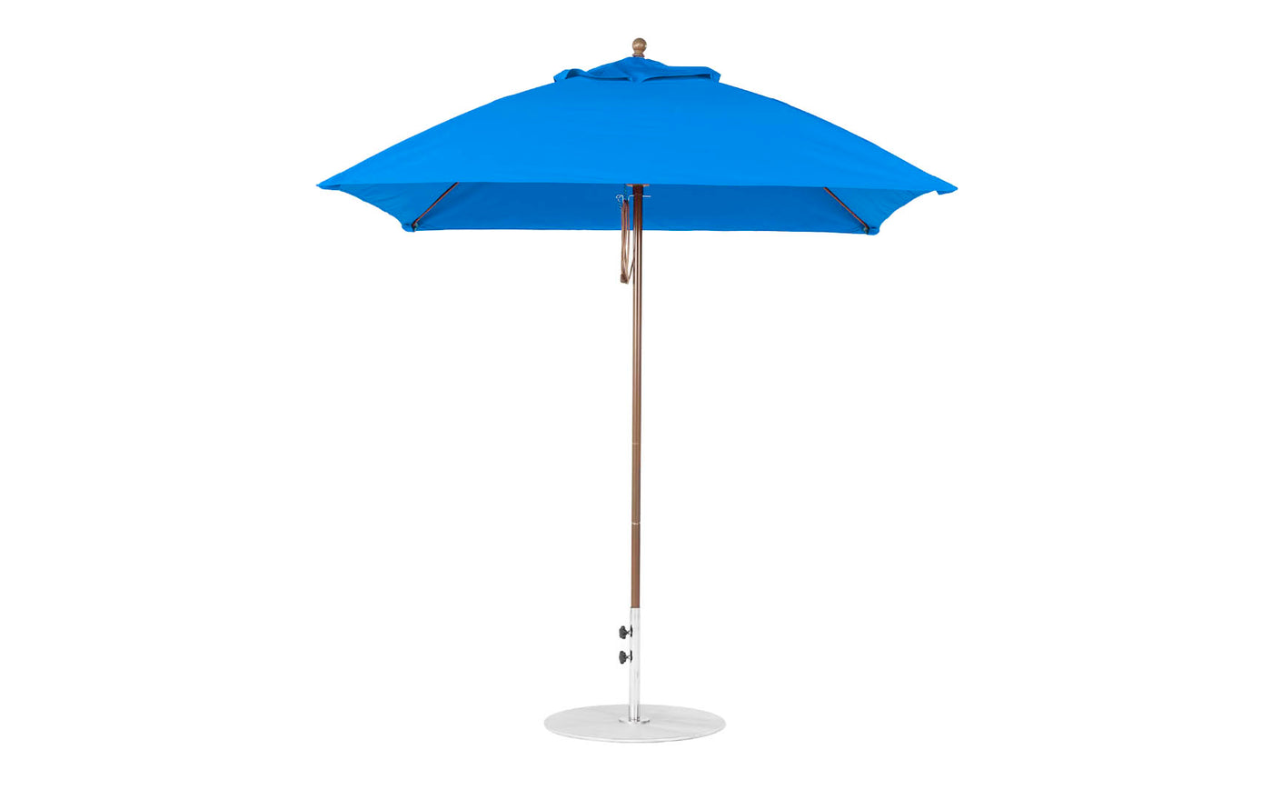 The Essential Fiberglass Umbrella - 7.5 Square Pulley by Ledge Lounger, featuring a bright blue canopy and sturdy wooden base, stands open against a plain white background.
