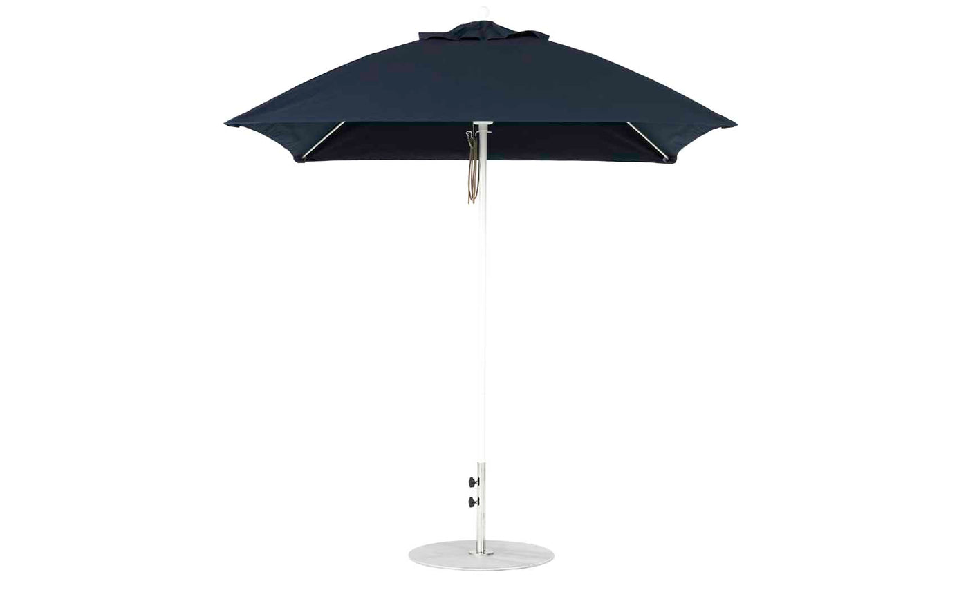 Against a white backdrop, the Ledge Lounger Essential Fiberglass Umbrella - 7.5 Square Pulley, with a black canopy, silver pole, and round base is showcased. Its marine-grade fabric and sleek design promise durability and style in any outdoor setting.
