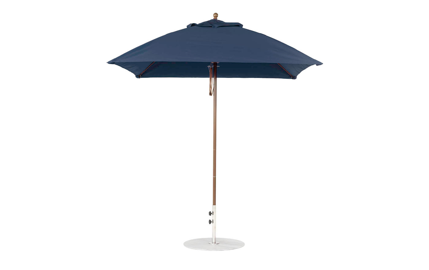 The Ledge Lounger Essential Fiberglass Umbrella features a 7.5 square canopy with marine-grade fabrics for durability, a wooden pole, and a round white base. Its stylish design offers resilience, standing fully open and upright.