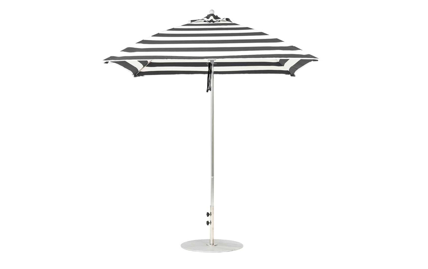 The Ledge Lounger Essential Fiberglass Umbrella - 7.5 Square Pulley features a round base and sturdy metal pole, with a canopy made of marine-grade fabric showcasing striking black and white stripes for style and durability.