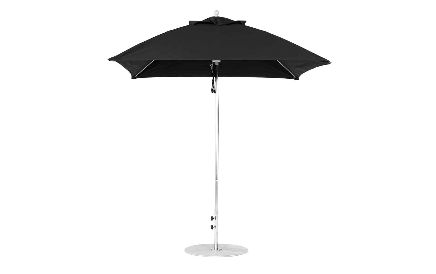A fully open Essential Fiberglass Umbrella by Ledge Lounger, with a sleek aluminum pole and circular base, boasts marine-grade fabric. Its minimalist and modern design provides durable outdoor shade and style.