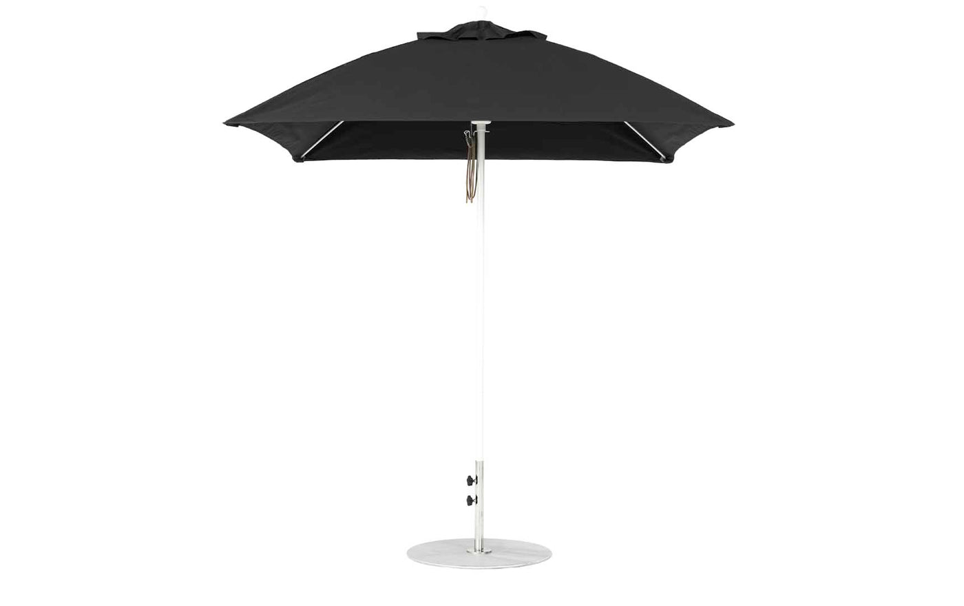 The Ledge Lounger Essential Fiberglass Umbrella - 7.5 Square Pulley features a minimalist black hexagonal canopy made from marine-grade fabric, a silver pole, and a round metal base, offering durability and chic style for outdoor settings.