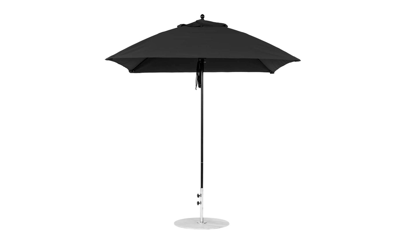 The Ledge Lounger Essential Fiberglass Umbrella features a sleek black design with a 7.5 square canopy made from marine-grade fabric and a slim metal pole on a circular base, opened against a plain white backdrop for durability and style.