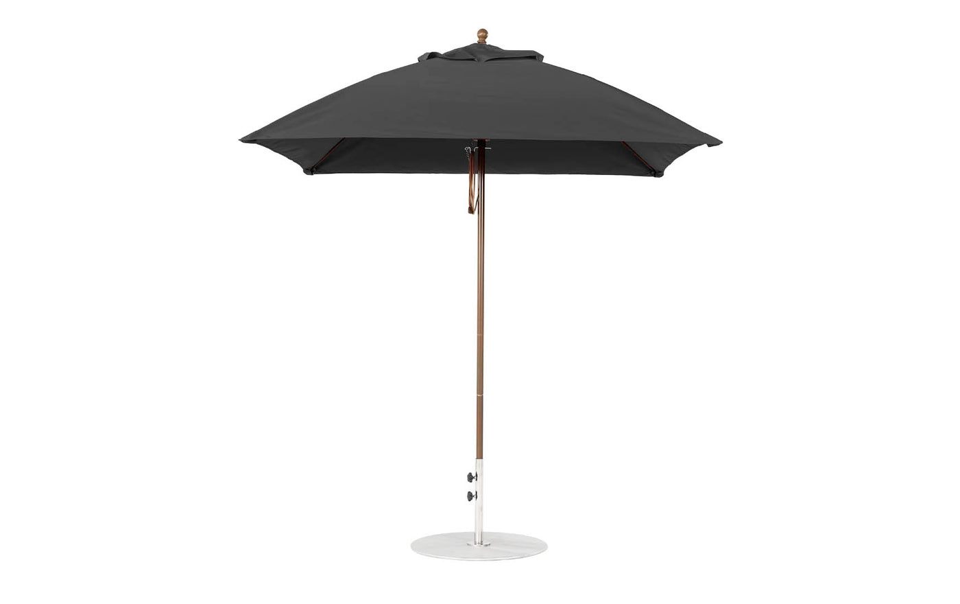 The Ledge Lounger Essential Fiberglass Umbrella - 7.5 Square Pulley stands upright with a sleek, modern design, featuring a durable open canopy crafted from marine-grade fabrics.