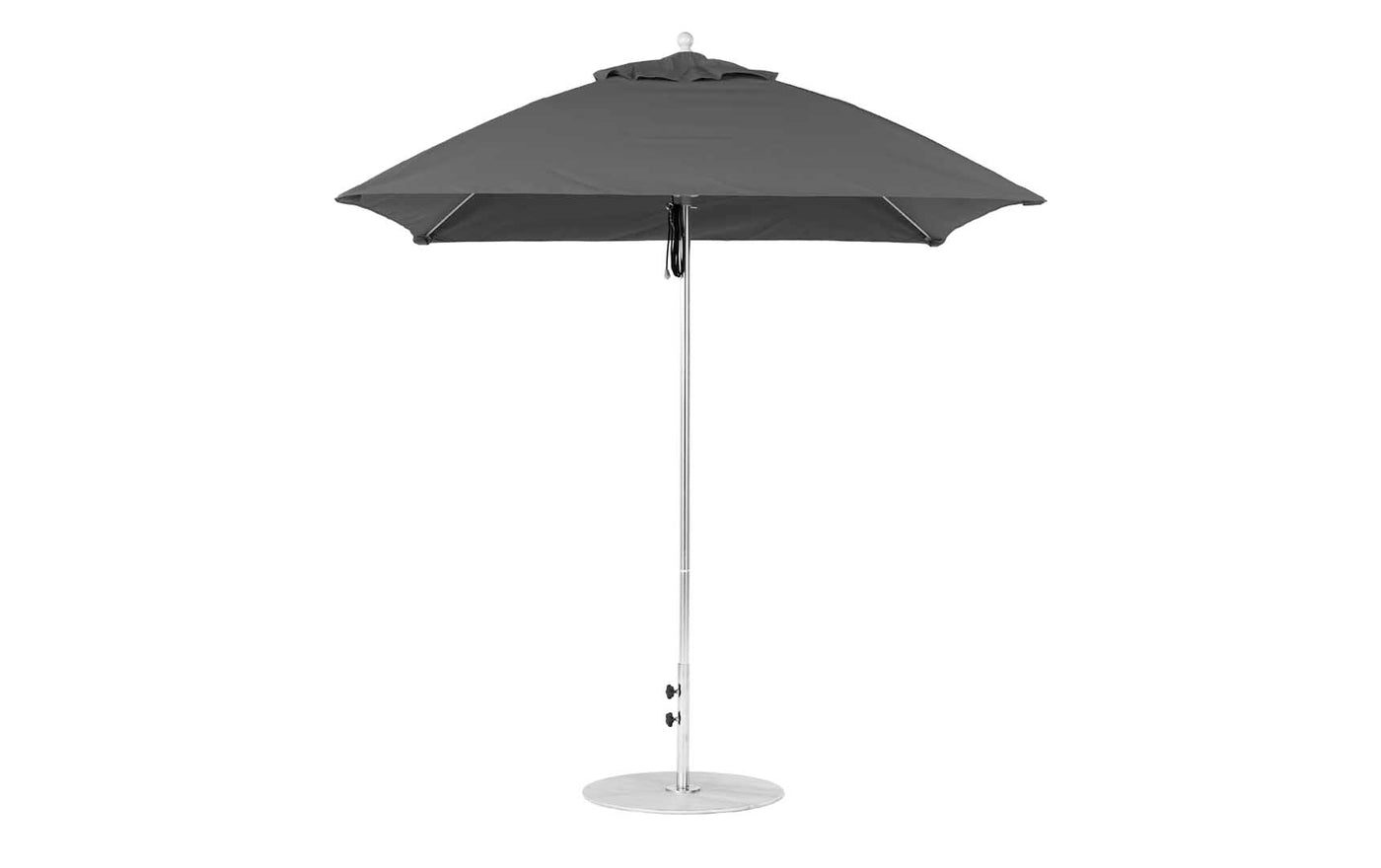 The Essential Fiberglass Umbrella - 7.5 Square Pulley by Ledge Lounger features a closed dark gray canopy of marine-grade fabric, a metal pole, and is set on a round metal base. The sleek, minimalist design stands upright against a white backdrop.