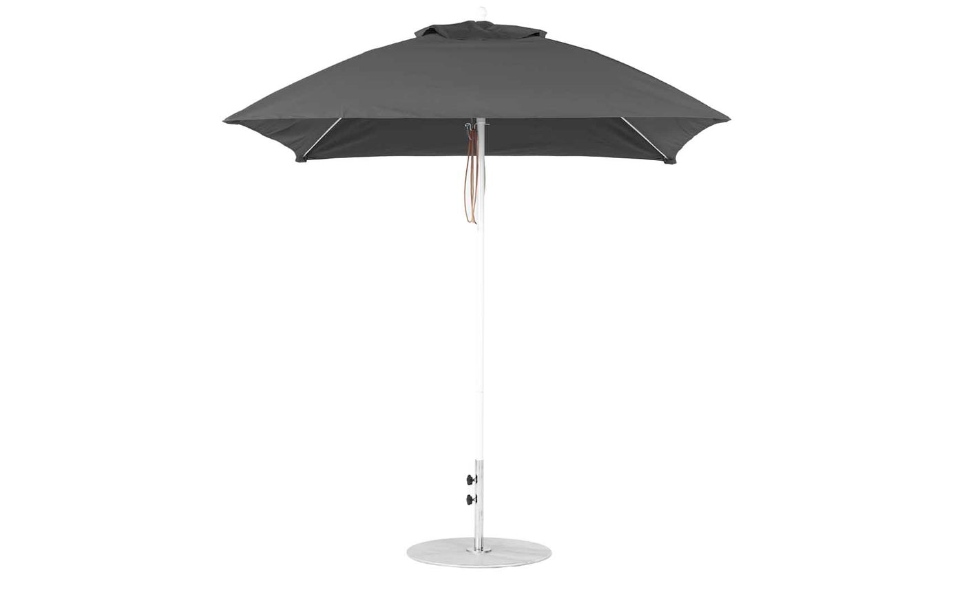 The Ledge Lounger Essential Fiberglass Umbrella - 7.5 Square Pulley showcases a closed, dark gray canopy crafted from marine-grade fabrics on a tall silver pole with a round base. It includes two adjustment levers and features a tan strap against a plain white background.