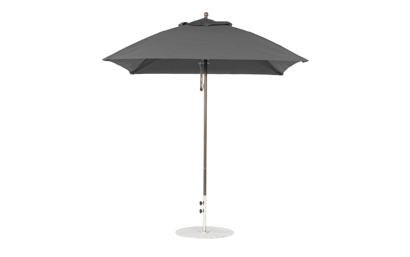 The Ledge Lounger Essential Fiberglass Umbrella - 7.5 Square Pulley is a gray outdoor umbrella featuring a sleek metal pole, smooth circular base, and a round canopy made from marine-grade fabrics, ensuring durability and style against its plain white background.