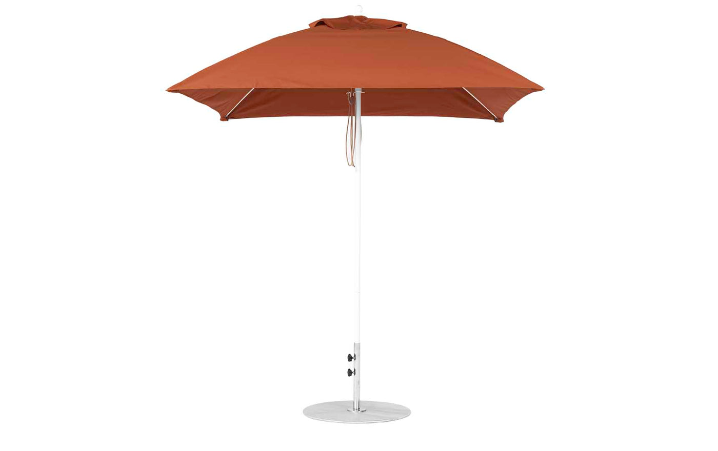 The Ledge Lounger Essential Fiberglass Umbrella features a simple 7.5 square canopy made from marine-grade fabric, supported by a slim silver pole and round base. Its designed for outdoor use, providing ultimate protection against the elements.