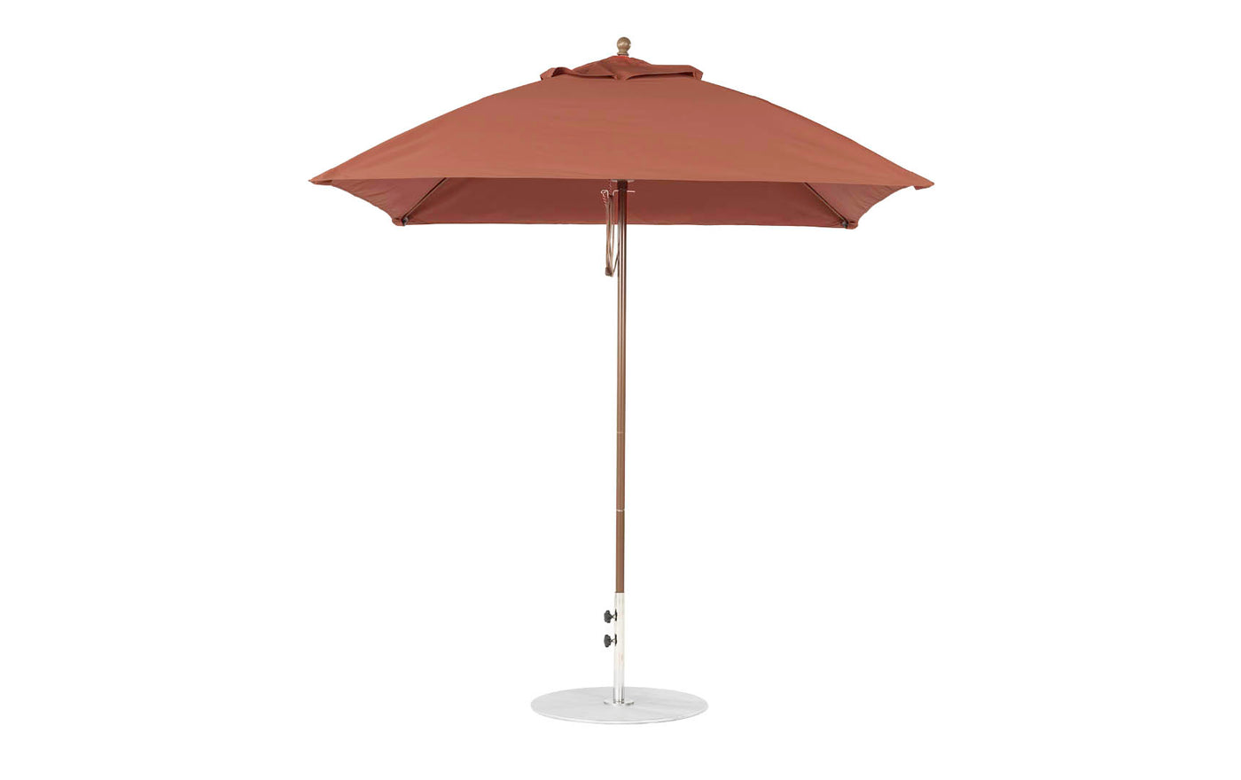 The Ledge Lounger Essential Fiberglass Umbrella, featuring a 7.5 square canopy in red with a straight pole, is open on a round metal base against a plain white background. Made from marine-grade fabrics, it offers durability and style for any garden setting.