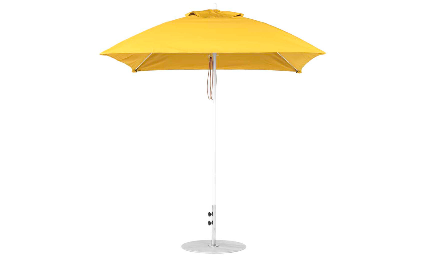 The Essential Fiberglass Umbrella by Ledge Lounger, featuring a sleek silver metal pole and round base, showcases a vibrant yellow square design with a flat top and marine-grade fabrics for lasting durability.