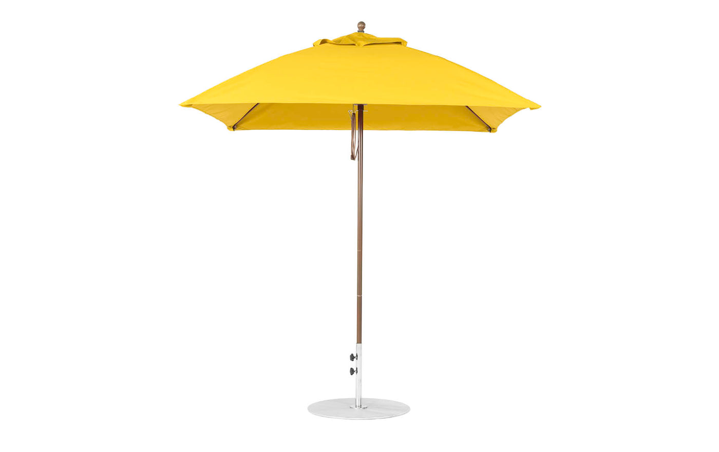 A yellow Essential Fiberglass Umbrella - 7.5 Square Pulley by Ledge Lounger features a marine-grade fabric canopy, thin silver pole, and circular base. The closed umbrella stands upright against a white background, highlighting its durable design.