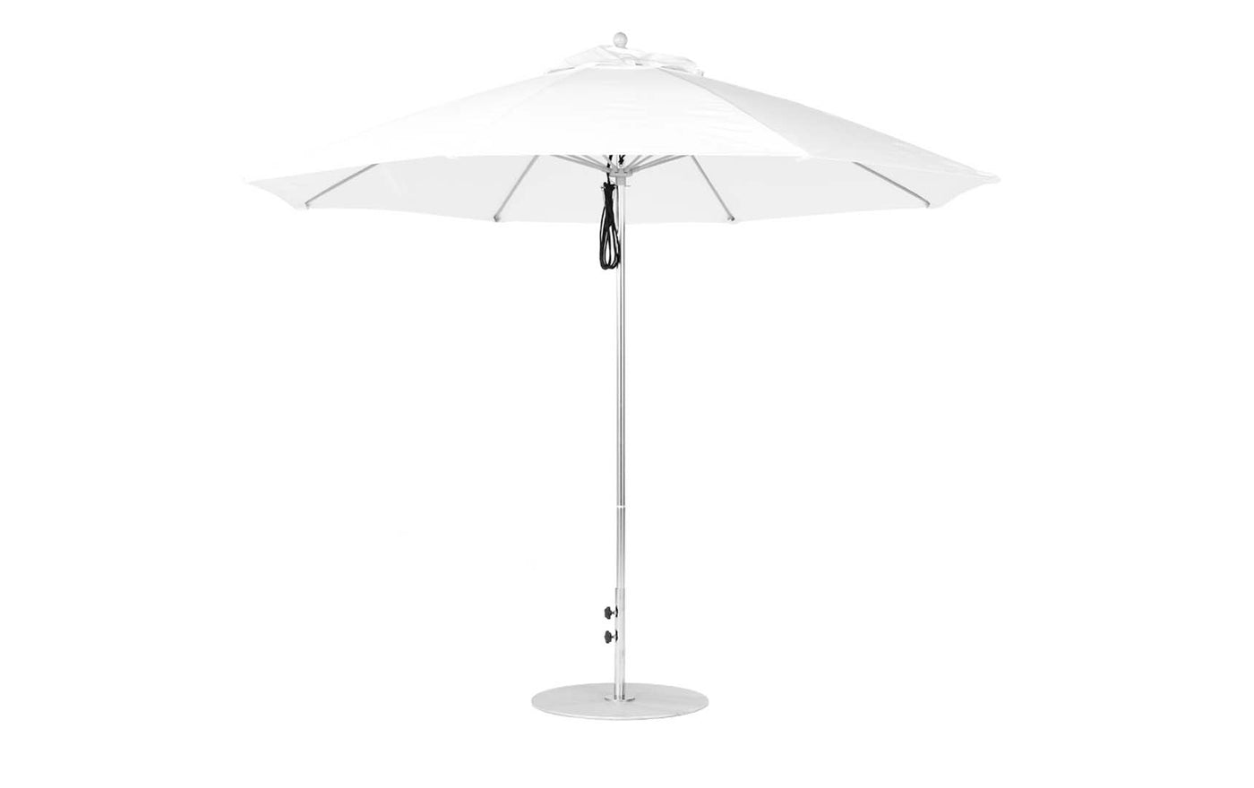 The Essential Fiberglass Umbrella - 11 Octagon Pulley by Ledge Lounger features a sleek silver pole and a round canopy, gracefully tilted on a circular base. Made with marine-grade fabrics, this stylish umbrella is resilient and ideal for any patio setting.