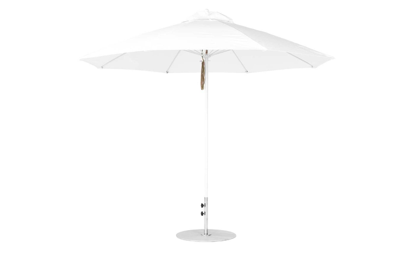 The Ledge Lounger Essential Fiberglass Umbrella - 11 Octagon Pulley features a large white canopy with a metal pole and base. It offers wind-resistant technology and marine-grade fabrics, presenting a simple, modern design that provides ample shade when extended.