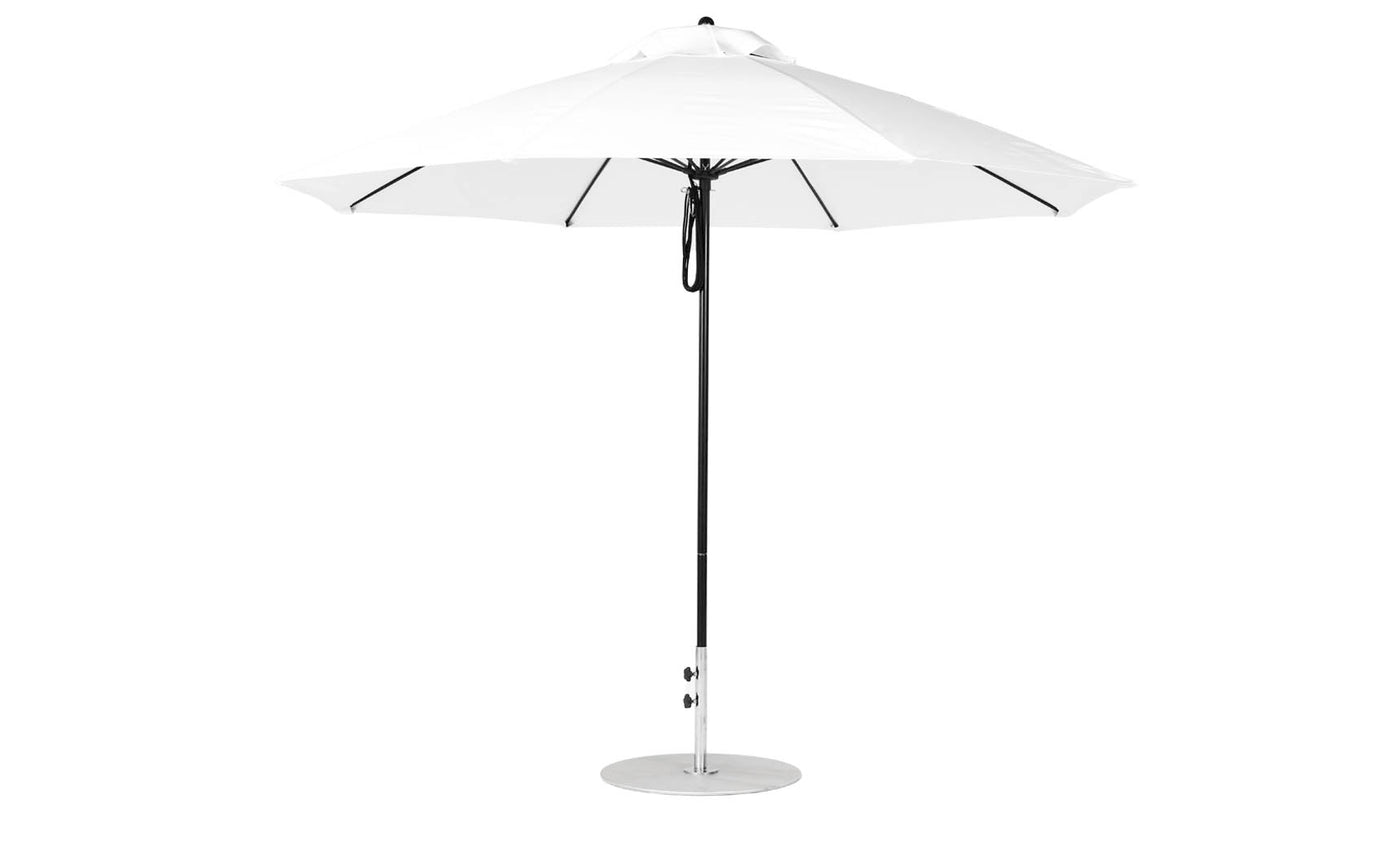 The Ledge Lounger Essential Fiberglass Umbrella features a sleek, minimalist design with a white wind-resistant, marine-grade 11 octagon canopy supported by multiple ribs, a central black pole, and a round silver base for an elegant outdoor look.