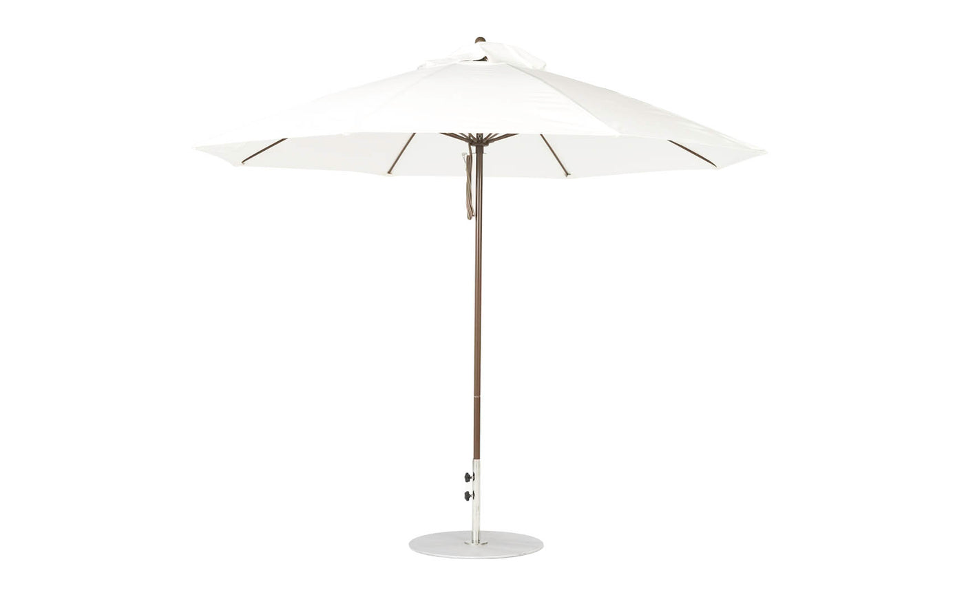 The Ledge Lounger Essential Fiberglass Umbrella - 11 Octagon Pulley features a wide canvas canopy and sleek, minimalist design. It boasts a smooth silver pole and round base, crafted from marine-grade fabrics for lasting durability in any environment, against a plain white background.