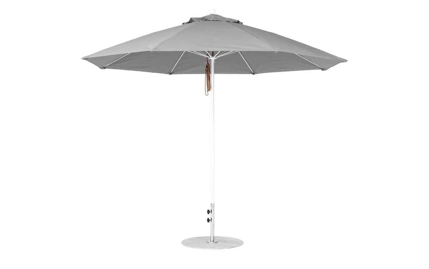 The Ledge Lounger Essential Fiberglass Umbrella features an 11 octagon pulley design with a wide marine-grade canopy, a sleek white pole, and a sturdy round base. Its slightly domed shape and adjustable height ensure both style and function outdoors.