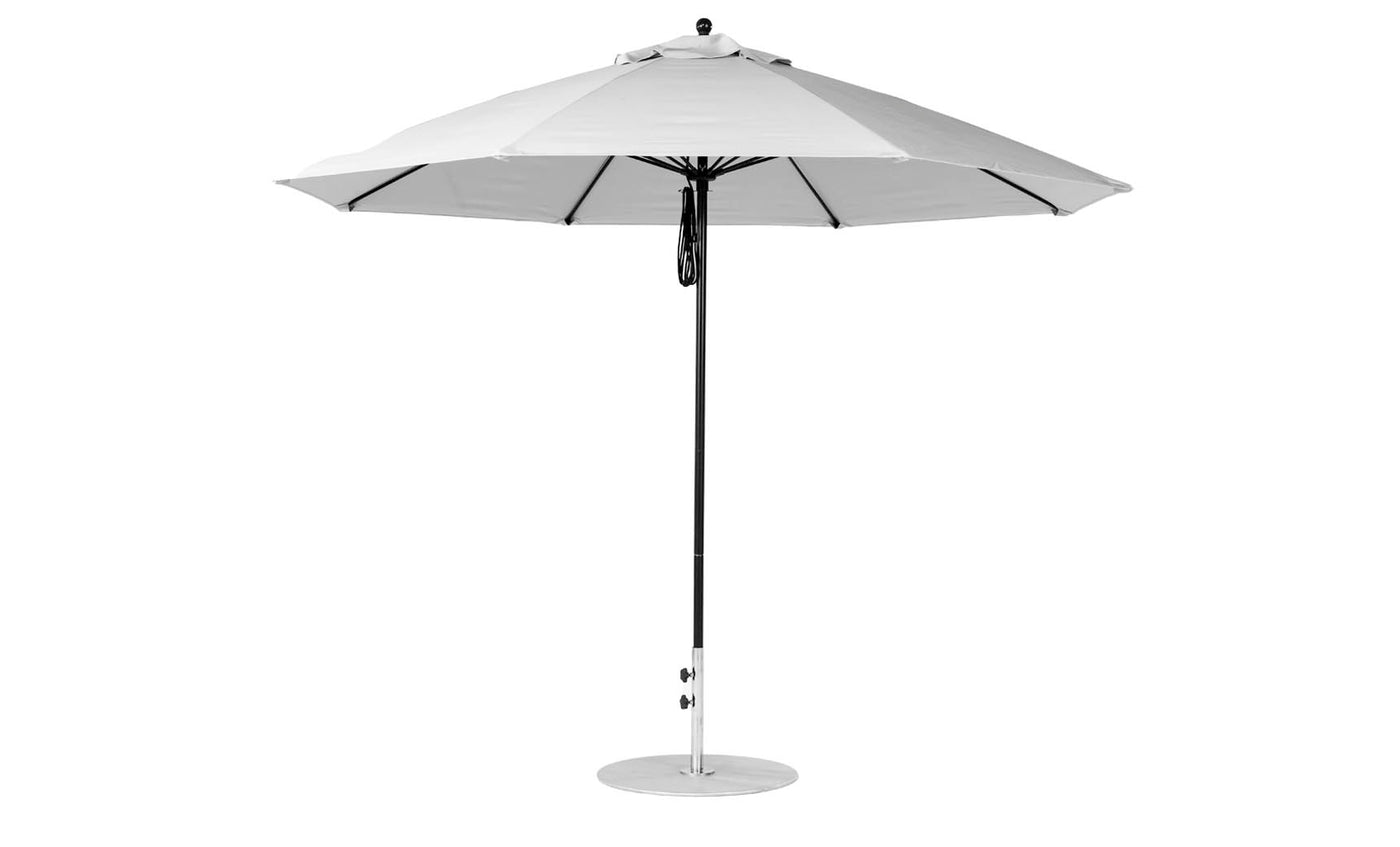 The Ledge Lounger Essential Fiberglass Umbrella - 11 Octagon Pulley features a white marine-grade fabric canopy supported by multiple ribs and a central metal pole with round base, offering ample shade and wind resistance.