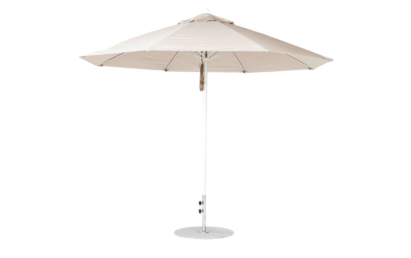 The Essential Fiberglass Umbrella - 11 Octagon Pulley by Ledge Lounger is a large beige outdoor umbrella featuring a sturdy metal pole and marine-grade fabrics, supported by metal ribs. Its round base ensures stability and wind-resistant durability, ideal for patio use.