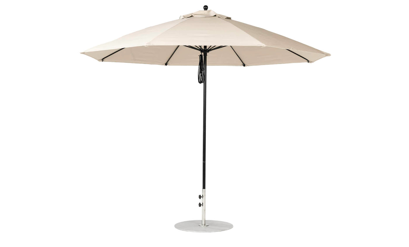 The Ledge Lounger Essential Fiberglass Umbrella features an 11 beige octagon canopy with marine-grade fabric. Its sturdy black pole and flat circular metal base enhance stability, making it wind-resistant for outdoor use.