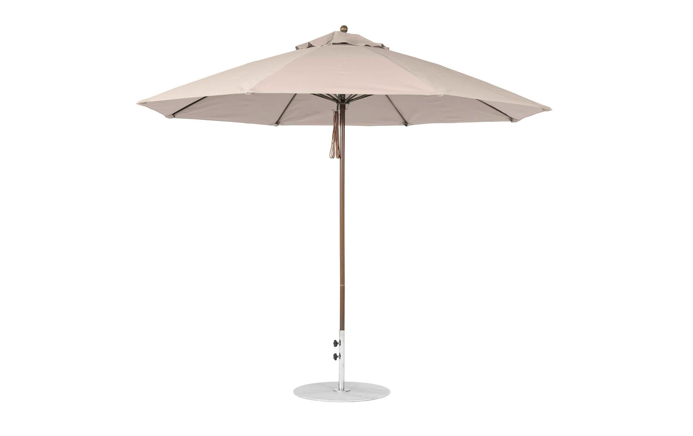 The Ledge Lounger Essential Fiberglass Umbrella features an 11 octagon canopy in marine-grade fabric, a slender metal pole, and a circular base, perfect for providing shade outdoors.
