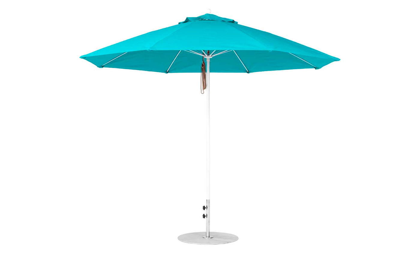 The Essential Fiberglass Umbrella by Ledge Lounger is an 11 octagon turquoise outdoor umbrella with a silver pole and round base. Featuring marine-grade fabrics and eight panels, this wind-resistant canopy ensures enhanced durability.