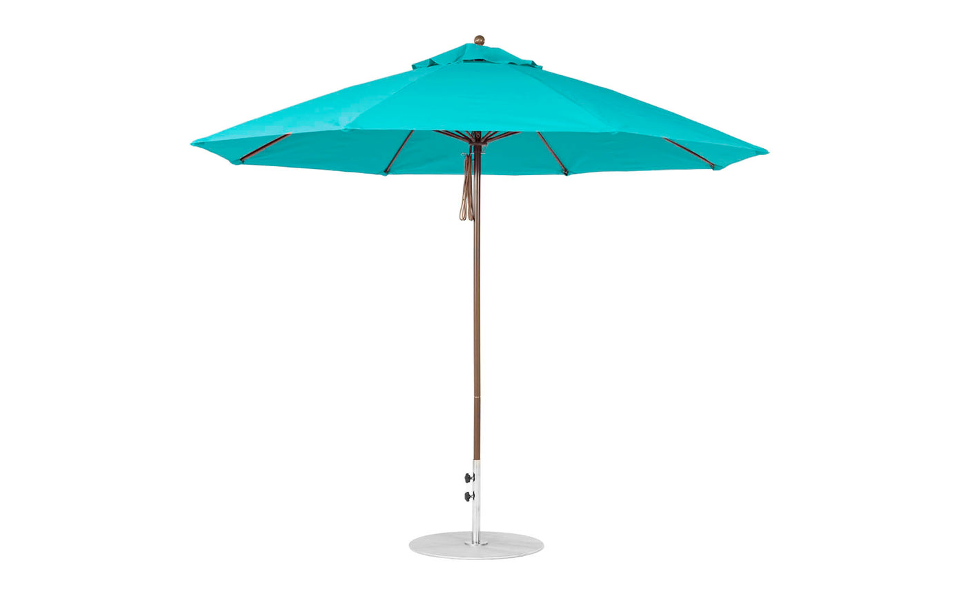 The turquoise Essential Fiberglass Umbrella by Ledge Lounger features an 11 octagon canopy and a wooden pole on a circular base. Its marine-grade fabric provides wind resistance, shade, and a vibrant pop of color for any outdoor space.