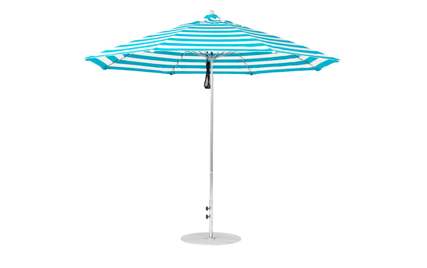 The Ledge Lounger Essential Fiberglass Umbrella features a sturdy metal pole, blue and white marine-grade fabrics, an octagonal design with a circular base, and a pulley mechanism. Its chic style and functionality make it ideal for outdoor spaces.