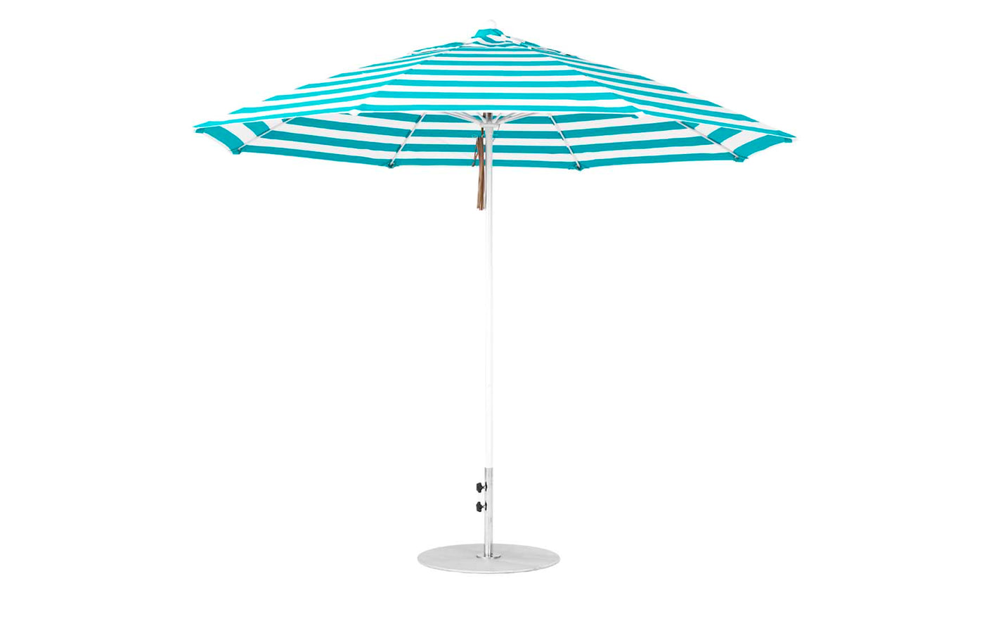 The Essential Fiberglass Umbrella - 11 Octagon Pulley by Ledge Lounger is fully open against a plain white background, showcasing vibrant blue and white stripes with a silver pole and round base. Made of marine-grade fabric, this wind-resistant umbrella withstands breezy conditions.