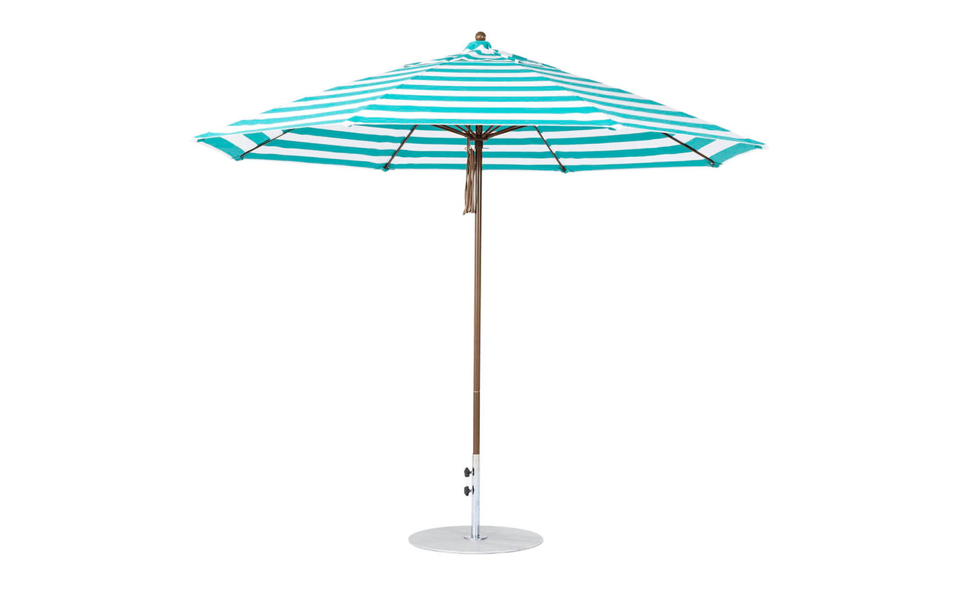 The Ledge Lounger Essential Fiberglass Umbrella - 11 Octagon Pulley, featuring wind-resistant marine-grade fabrics with a tall blue and white striped pattern, stands upright on a slim metal pole with a round base, isolated against a plain white background.