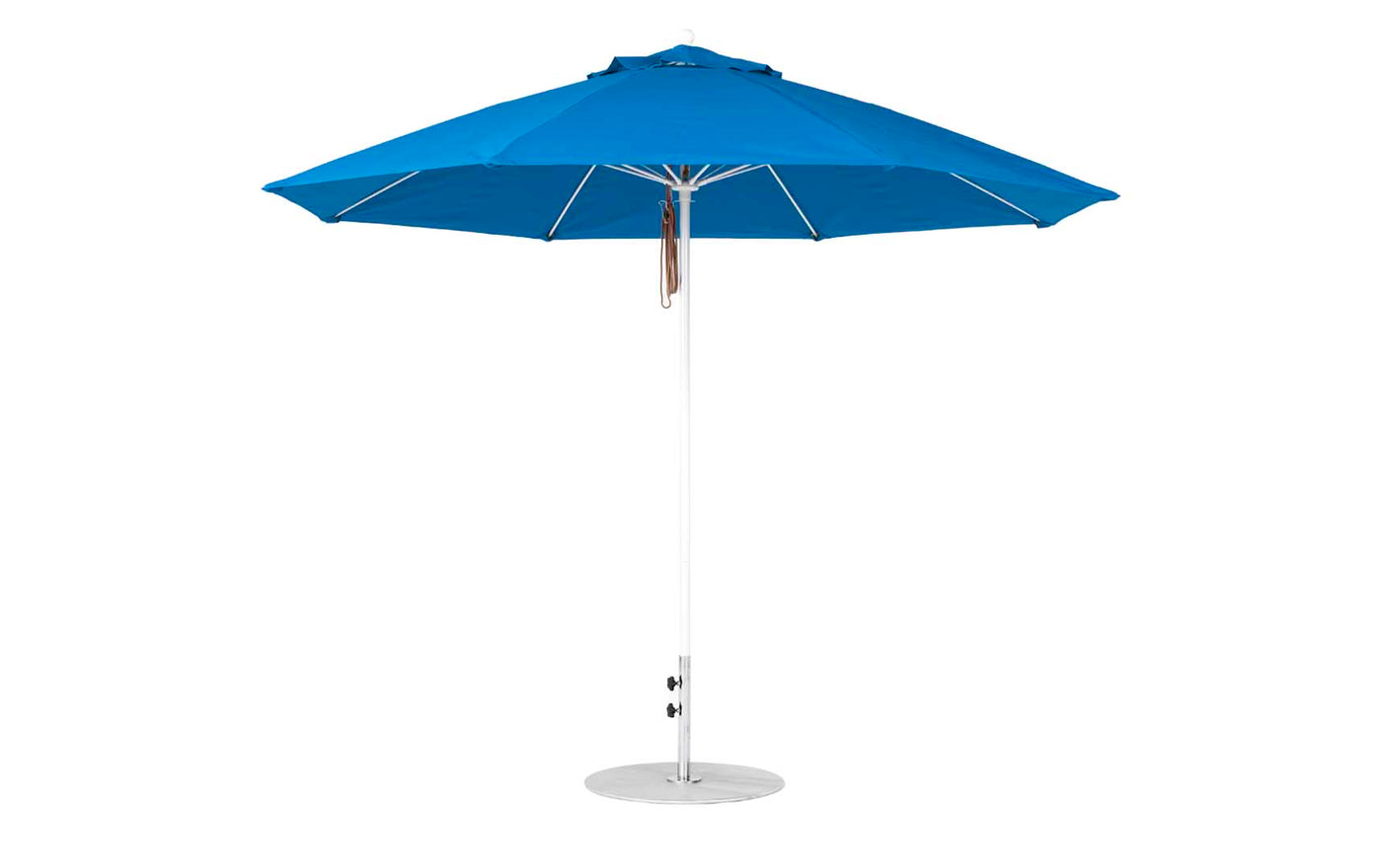 The Essential Fiberglass Umbrella - 11 Octagon Pulley by Ledge Lounger combines a robust metallic pole, round base, and strong metal support ribs beneath marine-grade fabric. Its wind-resistant design offers ample shade with an extensive octagonal canopy.
