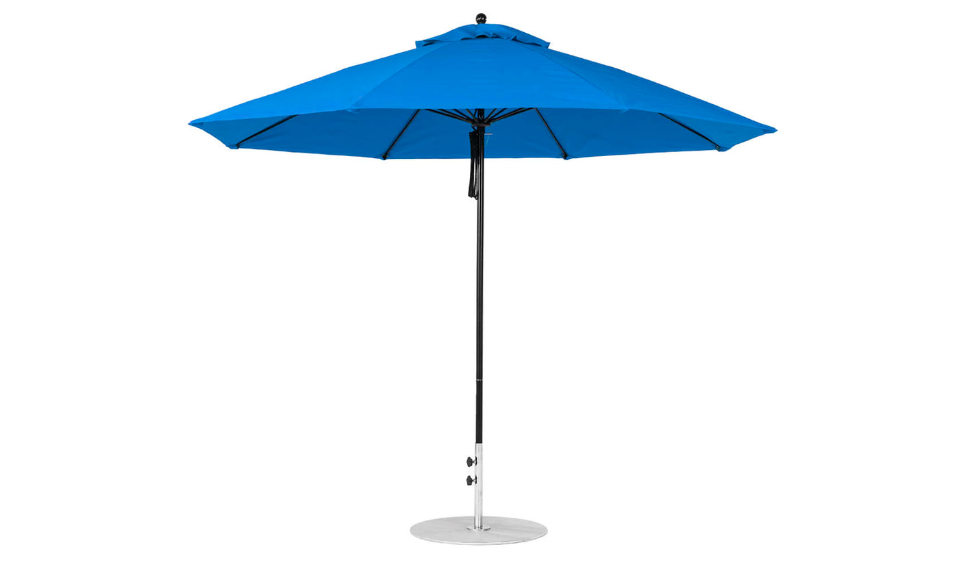 The Ledge Lounger Essential Fiberglass Umbrella - 11 Octagon Pulley, with a metal pole and round base, uses marine-grade fabrics for durability. Its simple, modern design stands out when fully opened against a plain white background.