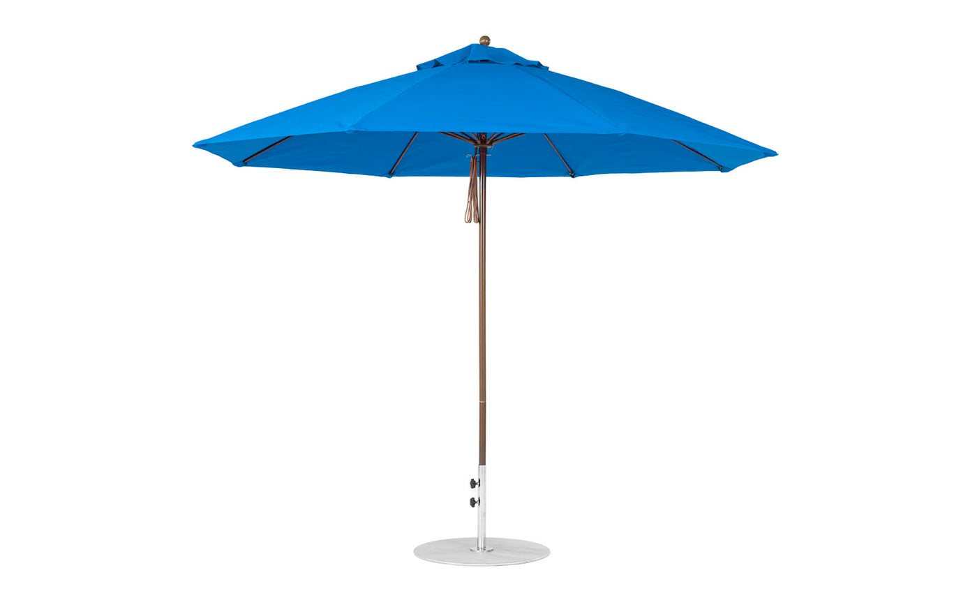 The Ledge Lounger Essential Fiberglass Umbrella features an 11 octagon canopy in blue with a white pole and round base. Made from marine-grade fabrics, its wind-resistant and boasts a classic design perfect for outdoor shading.