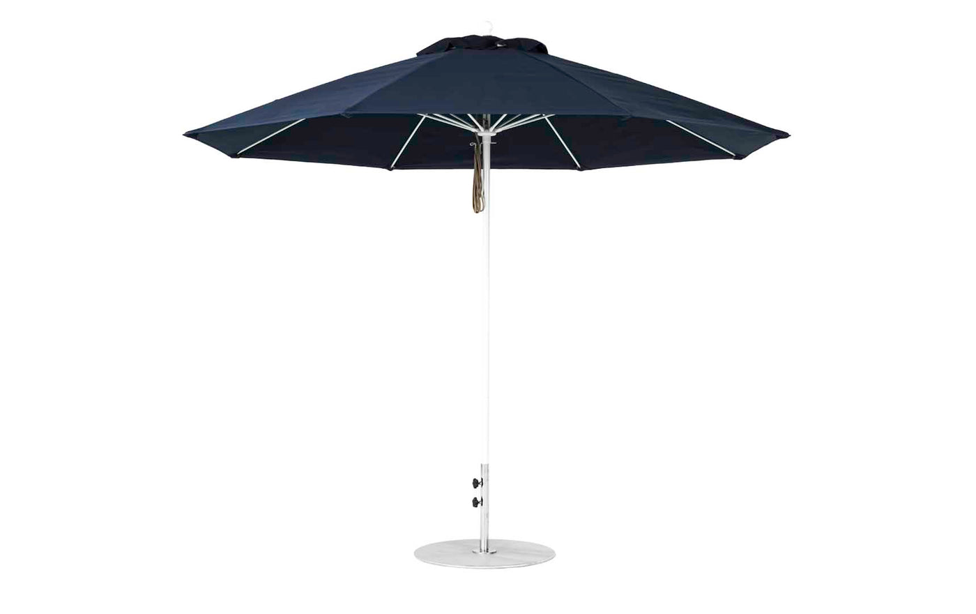 The Essential Fiberglass Umbrella from Ledge Lounger features a black octagon canopy made of marine-grade fabric, a white pole, and a round metal base, all set against a pristine white background.