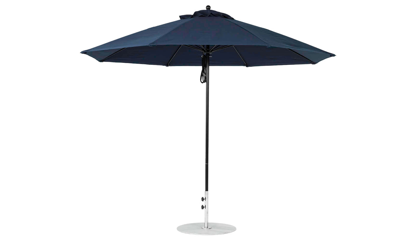The Ledge Lounger Essential Fiberglass Umbrella features an 11 octagon canopy and metal pole on a circular base. Its fully open, showcasing its wind-resistant, simple yet modern design with durable marine-grade fabrics, ideal for outdoor use.