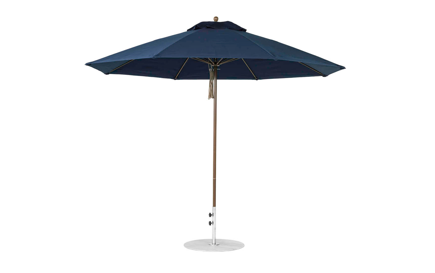 The Ledge Lounger Essential Fiberglass Umbrella features an 11 octagon-shaped canopy, made from marine-grade fabrics with a metal pole and round base, offering style and wind resistance.