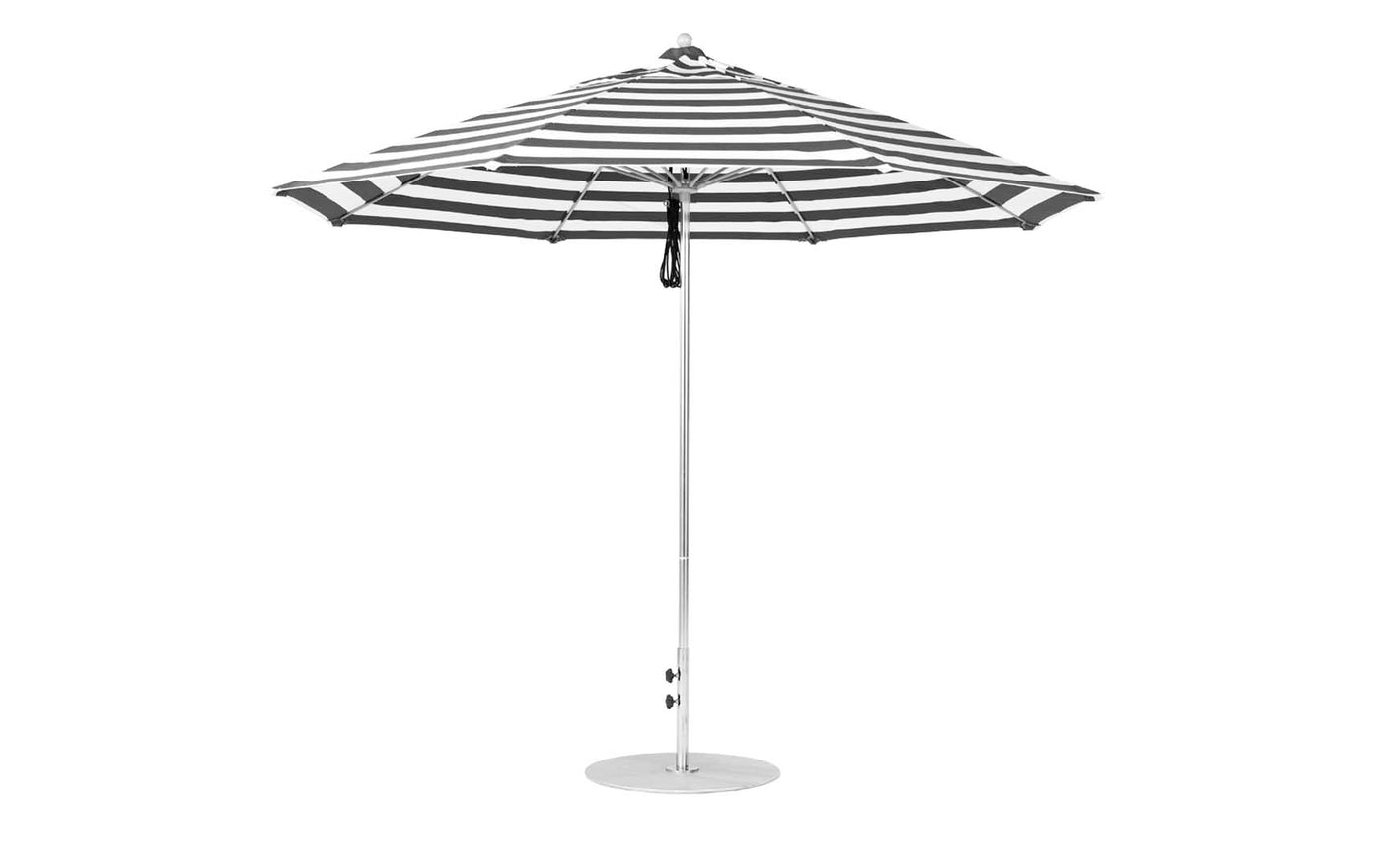 The Ledge Lounger Essential Fiberglass Umbrella - 11 Octagon Pulley features a classic black and white striped canopy with durable marine-grade fabric, a central pole, and round base. Designed for stability, it stands firm on flat surfaces, providing reliability even in breezy conditions.