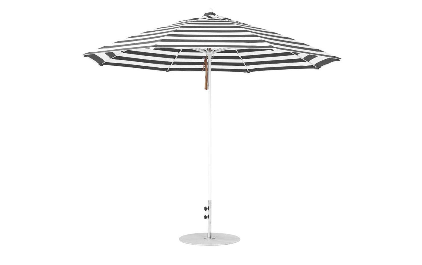 The Ledge Lounger Essential Fiberglass Umbrella features an 11 octagon design with black and white stripes. Wind-resistant and crafted from marine-grade fabrics, this umbrella boasts a metal pole and round base, making it ideal for outdoor settings.