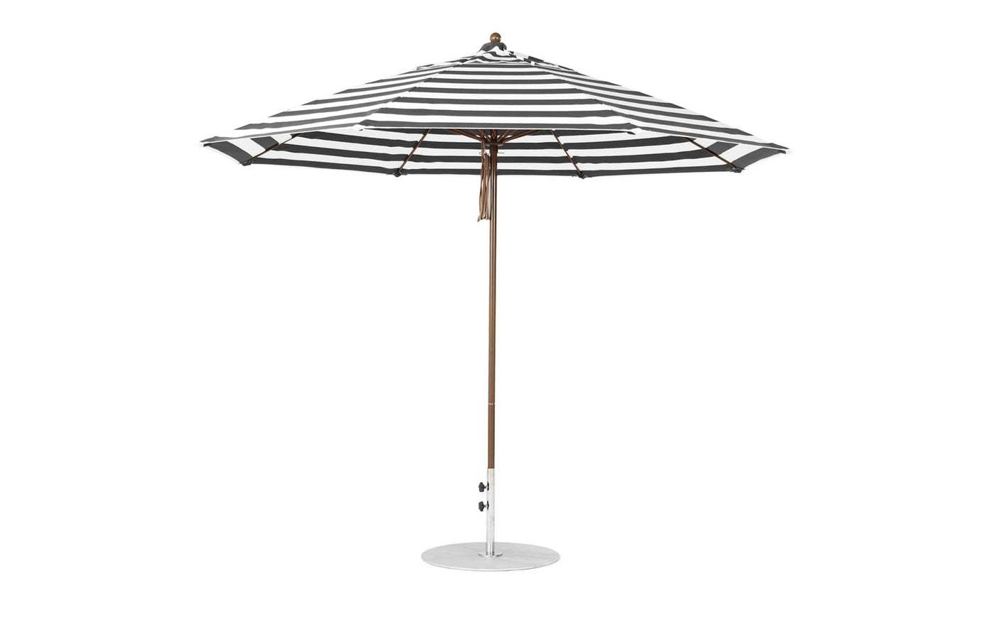 The Essential Fiberglass Umbrella by Ledge Lounger features an 11 octagon canopy in black and white stripes, supported by a wooden pole on a circular metal base. The canopy is fully open, crafted from marine-grade fabrics for enhanced durability.