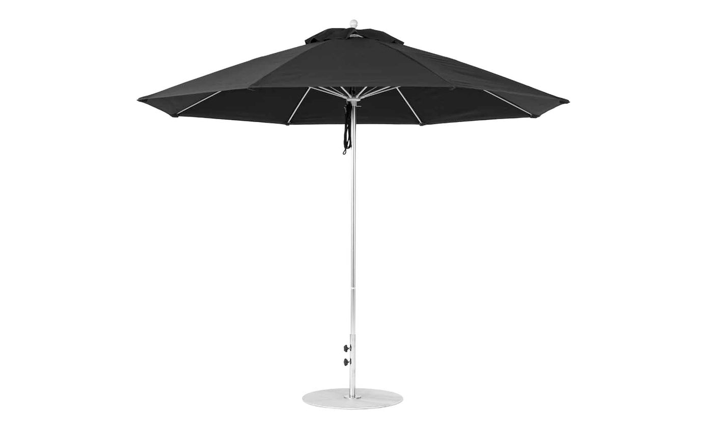 The Essential Fiberglass Umbrella by Ledge Lounger, an 11 octagon pulley design in black with marine-grade fabric, features a silver metal pole and round base. Displayed against a white background, its open eight-rib structure offers wind resistance for lasting durability.