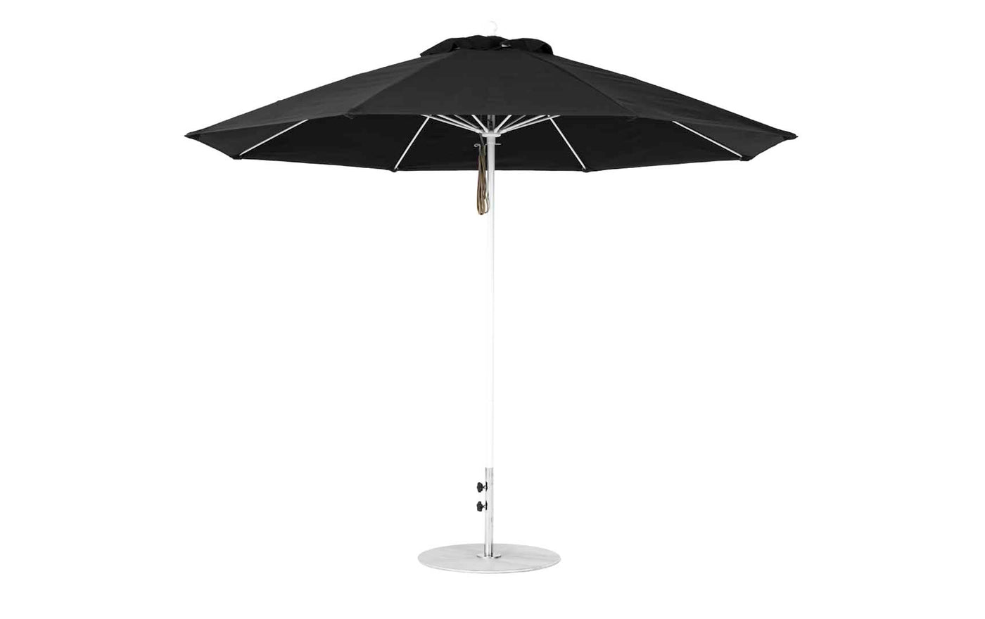 The Ledge Lounger Essential Fiberglass Umbrella, an 11 octagon pulley design in black, features a marine-grade fabric and metal pole with a circular base. Its eight-panel structure ensures durability and wind resistance while adding style to your outdoor space.